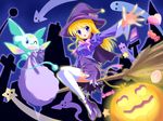  blonde_hair blue_eyes bow candy cape halloween hat lollipop long_hair original pumpkin thighhighs witch witch_hat yagami-all_hail_nana 