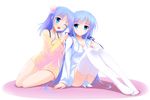  2girls aqua_eyes blue_hair blush bow breasts cleavage long_hair original ribbons shirt thighhighs twins white yagami-all_hail_nana 