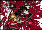  blake_belladonna boots breasts cape cleavage gloves group hoodie miwa_shirow navel ponytail ruby_rose rwby scythe sword weapon weiss_schnee yang_xiao_long 