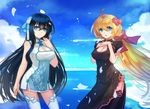  2girls aqua_eyes black_hair blonde_hair bow breasts chinese_clothes chinese_dress cleavage clouds douyougen long_hair original ponytail sky thighhighs zettai_ryouiki 