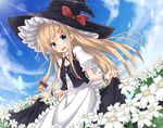  black_hat blonde_hair blue_eyes blush bow bug butterfly cloud day eyebrows_visible_through_hair field flower flower_field hair_bow hair_ornament hairclip hat highres insect kirisame_marisa long_hair looking_at_viewer meadow mekarugaru open_mouth outdoors red_bow red_ribbon ribbon round_teeth skirt_hold sky smile solo star star_hair_ornament teeth touhou witch_hat wrist_cuffs 