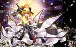  armor blonde_hair fate/stay_night fate/unlimited_codes flowers green_eyes liang_xing saber saber_lily sword weapon 