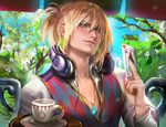 all_male blonde_hair blue_eyes drink headphones howl howls_moving_castle male necklace sakimichan 