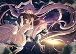  2girls animal animal_ears bird brown_hair bunny_ears bunnygirl dress hug inaba_tewi long_hair purple_hair red_eyes reisen_udongein_inaba ribbons short_hair skirt space tail tie touhou yuzhi 