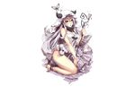  aliasing breasts butterfly cleavage headdress horns long_hair original pack_er_5 purple_eyes purple_hair scarf staff tail white witch 