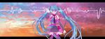  aqua_eyes aqua_hair clouds dualscreen hatsune_miku long_hair sky sunset thighhighs twintails vocaloid wogura 