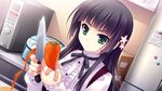  bandaid black_hair food game_cg green_eyes guardian_place knife long_hair suminoin_ouka tsurugi_hagane 