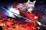  animal_ears autumn catbell gray_hair japanese_clothes katana kimono leaves original red_eyes sword weapon 