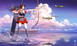  aircraft akagi_(kancolle) bow_(weapon) brown_hair clouds japanese_clothes kantai_collection liang_xing long_hair sky thighhighs water weapon zettai_ryouiki 