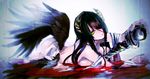  albedo black_hair blood long_hair overlord so-bin weapon wings yellow_eyes 