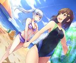  2girls beach bikini blue_eyes blush breasts brown_hair clouds navel original swim_ring swimsuit twintails water wet white_hair yue_chi 