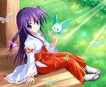  bell blue_eyes butterfly grass japanese_clothes long_hair miko original purple_hair socks wristwear yagami-all_hail_nana 