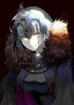  absurdres ahoge black_background breasts chain fate/grand_order fate_(series) fur_trim grin headpiece highres jeanne_d'arc_(alter)_(fate) jeanne_d'arc_(fate)_(all) looking_at_viewer medium_breasts parted_lips short_hair silver_hair smile solo tarao_(13raven) yellow_eyes 