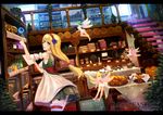  apron blonde_hair book breasts dress drink fairy food garter headband kero_(tomoki-tiger) kiss leaves magic original paper pointed_ears shoujo_ai stairs wings 