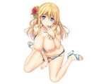  bikini blonde_hair blue_eyes blush breasts condom long_hair nipples panty_pull pubic_hair swimsuit takayaki transparent 