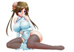  arashi_(artist) blue_eyes breast_hold breasts brown_hair chinese_clothes chinese_dress erect_nipples no_bra nopan original thighhighs twintails white 