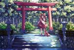  bow dead_line hakurei_reimu japanese_clothes long_hair miko scenic stairs torii touhou tree 