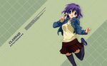  blue_eyes clannad fujibayashi_ryou necklace purple_hair short_hair skirt thighhighs zettai_ryouiki 