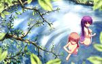  2girls arianna_(sekaiju_no_meikyuu) ass bath breasts chloe_(sekaiju_no_meikyuu) flat_chest ichina_(osabakitina) leaves long_hair nipples nude pink_hair purple_hair sekaiju_no_meikyuu tree water 