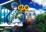  clouds defiaz_(infinity) dress flowers hat hatsune_miku leaves long_hair sunflower thighhighs train twintails vocaloid zettai_ryouiki 