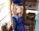  anmi blonde_hair blue_eyes book cropped glasses hat phone scan uniform 