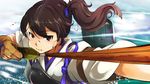  armor bow_(weapon) brown_eyes brown_hair close gloves kaga_(kancolle) kantai_collection masshu ponytail weapon 