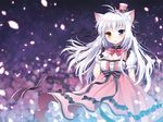  animal_ears bicolored_eyes bow breasts catgirl cleavage collar dress gloves hat long_hair mauve original ribbons white_hair 