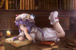  artist_name book book_stack bookshelf boots bow candle capelet crescent deviantart_username dress full_body hair_bow hair_ornament hat highres legs_up long_hair long_sleeves lying mob_cap novcel on_stomach open_book patchouli_knowledge purple_eyes purple_hair reading solo touhou watermark web_address wide_sleeves wooden_floor 