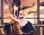  aircraft allenes aqua_eyes black_hair cropped gun hat long_hair original pantyhose seifuku signed skirt weapon 