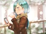  aqua_hair baffu drink green_eyes kantai_collection phone scarf snow suzuya_(kancolle) winter 