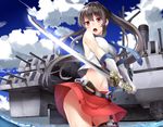  black_hair clouds gloves kantai_collection katana long_hair navel ponytail red_eyes skirt sky sword tie warirui weapon yahagi_(kancolle) 