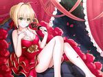  blonde_hair breasts cleavage dress fan fate/grand_order fate/stay_night flowers petals rose saber_extra xyomouse 