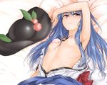  blue_hair blush bra breasts cropped hat hinanawi_tenshi long_hair momo_retasu nipples open_shirt red_eyes touhou underwear 