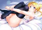  ajishio ayase_eri bed blonde_hair blue_eyes breasts love_live!_school_idol_project nipples nopan pussy see_through shirt thighhighs uncensored wet 