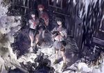  black_hair gun long_hair original red_hair rff_(3_percent) ruins seifuku short_hair skirt socks thighhighs weapon 