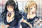  2girls aqua_eyes black_bullet black_hair blonde_hair blush breasts cleavage hisashi_(nekoman) maid purple_eyes scan tendou_kisara tina_sprout wristwear 