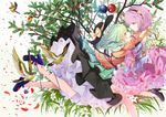  2girls animal bird cloudy.r flowers hat headband hug komeiji_koishi komeiji_satori leaves petals short_hair shoujo_ai skirt touhou tree 