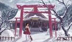  black_hair haraguroi_you horns japanese_clothes miko original scenic shrine snow torii tree winter 