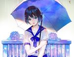  blue_eyes ddongu flowers original rain see_through seifuku short_hair water 