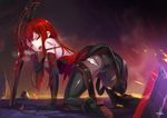  ass blood bodysuit elesis_(elsword) elsword ha-gha long_hair orange_eyes red_hair skintight torn_clothes weapon wink 