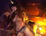  breasts brown_hair candy cropped ddongu fire halloween horns long_hair navel no_bra open_shirt original panties pumpkin red_eyes thighhighs underwear 