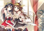  2girls black_hair brown_eyes brown_hair gray_eyes haruna_(kancolle) headband japanese_clothes kantai_collection kongou_(kancolle) long_hair miko sousouman thighhighs zettai_ryouiki 