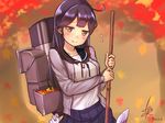  autumn baffu black_hair blush kantai_collection long_hair seifuku signed ushio_(kancolle) yellow_eyes 