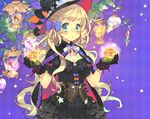  aqua_eyes blonde_hair blush bow braids breasts candy cape cleavage food gloves goth-loli halloween hat lolita_fashion long_hair original pumpkin toujou_sakana witch 