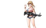  bikini_top blonde_hair blue_eyes breasts gun hat henshako jpeg_artifacts original shorts weapon white wristwear 