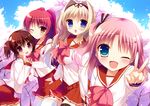  blonde_hair blue_eyes blush brown_hair cherry_blossoms fang kousaka_tamaki kusugawa_sasara maaryan natsuki_marina orange_eyes pink_hair red_eyes red_hair seifuku skirt thighhighs to_heart to_heart_2 wink yuzuhara_konomi 