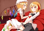  2girls blonde_hair bloomers blush breasts flandre_scarlet hat open_shirt orange_eyes pspmaru pussy_juice red_eyes rumia short_hair touhou vampire wings wristwear yuri 