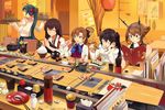  admiral_(kancolle) akagi_(kancolle) akigumo_(kancolle) book food gloves group irako_(kancolle) japanese_clothes kantai_collection long_hair mutsu_(kancolle) neko_(yanshoujie) ponytail short_hair uniform 