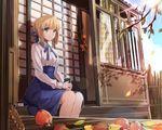  aqua_eyes autumn blonde_hair building cropped dress drink fate/stay_night fruit ice_(ice_aptx) leaves saber stairs 