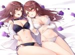  2girls bangs bed_sheet black_bra black_panties blush bra breasts brown_eyes brown_hair cameltoe caress choker cleavage commentary commentary_request eyebrows_visible_through_hair flower flowers from_above front-tie_top idolmaster idolmaster_shiny_colors long_hair long_sleeves looking_at_another lying medium_breasts multiple_girls navel no_pants on_back oosaki_amana oosaki_tenka open_clothes open_mouth open_shirt panties purple_flower purple_rose rose shiratama_akane shirt siblings side-tie_panties signed sisters smile twins twitter_username underwear white_bra white_panties white_shirt yellow_eyes 